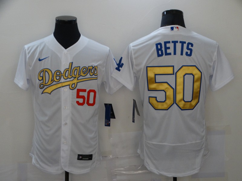 Men's Los Angeles Dodgers #50 Mookie Betts White Gold 2021 Stitched Jersey Men's Los Angeles Dodgers #50 Mookie Betts White Gold 2021 Stitched Jersey